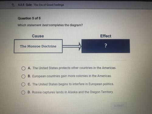 WHICH STATEMENT BEST COMPLETES THE DIAGRAM
cause. Effect
The Monroe doctrine. ?