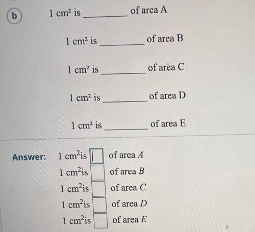 PLEASE HELP THIS IS DUE TODAY
Area A: 6
Area B: 18
Area C: 3
Area D: 4
Area E: 2