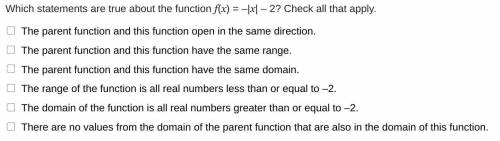 Which statements are true about the function f(x) = –|x| – 2? Check all that apply.

The parent fu