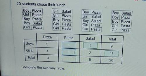 20 students chose their lunch complete the two way tableneed answers ASAP