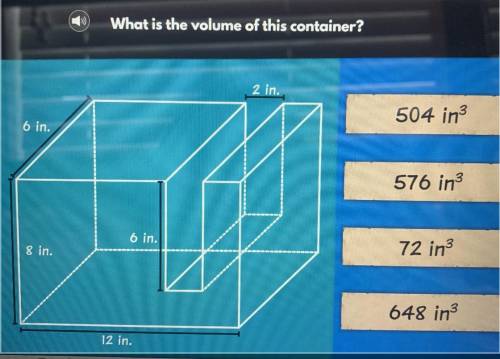 What is the volume of this container?

2 in.
504 in
6 in.
576 in3
6 in.
8 in.
72 in
648 in3
12 in.