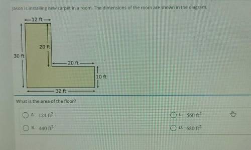 Jason is installing new carpet in a room. The dimensions of the room are shown in the diagram. what