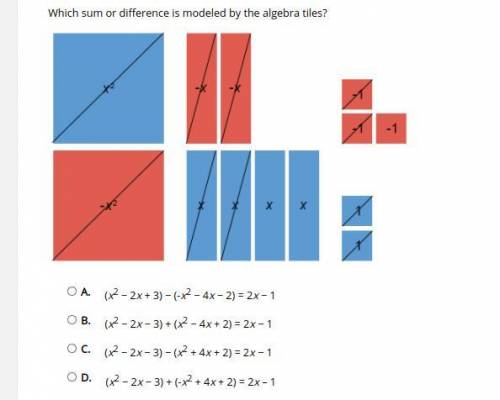 Please help!! Which sum or difference is modeled by the algebra tiles?
Please No Random Answers