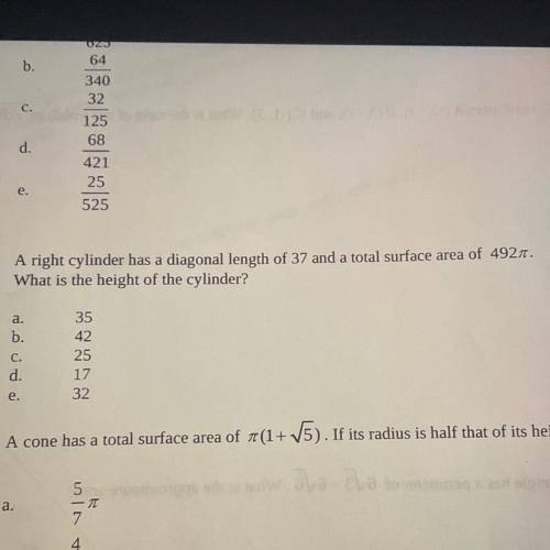 A right cylinder has a diagonal length of 37 and a total surface area of 492.

What is the height