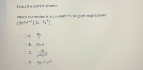 Select the correct answer.

Which expression is equivalent to the given expression?
(10c6d-5)(2c-5
