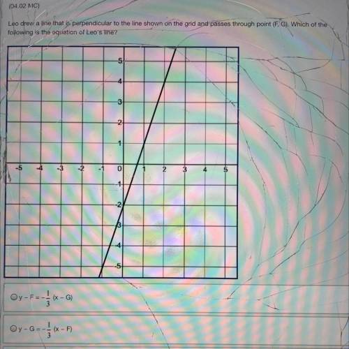 Leo drew a line that is perpendicular to the line shown on the grid and passes through point (F,G).