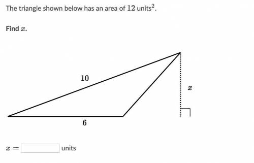 The triangle shown below has an area of 12 units squared.
Find x.
