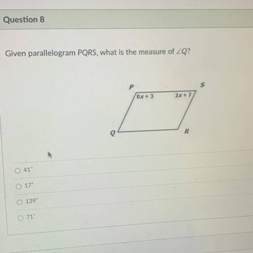 Given parallelogram PQRS, what is the measure of angle Q?