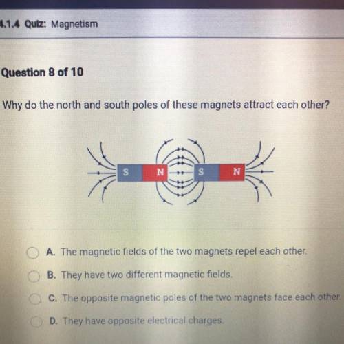 Why do the north and south poles of these magnets attract each other? A. The magnetic fields of the