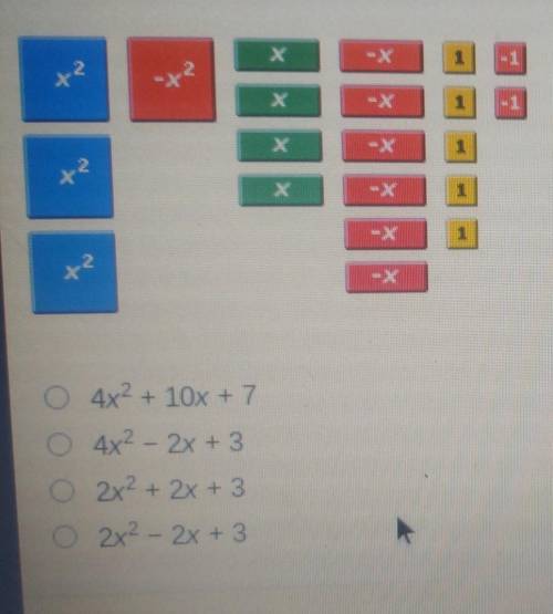 The algebra tiles below model the addition of two polynomials. Simplify the result. X 1 O.4x2 + 10x