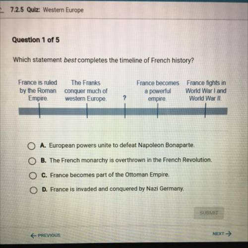 Which statement best completes the timeline of French history?

France is ruled
by the Roman
Empir