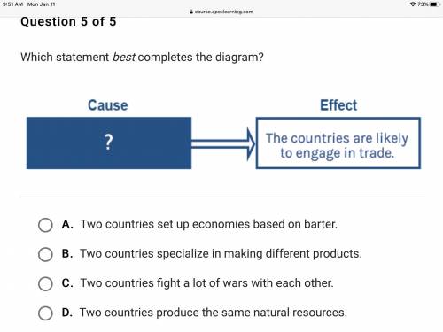Which statement best completes the diagram?

A.
Two countries set up economies based on barter.
B.
