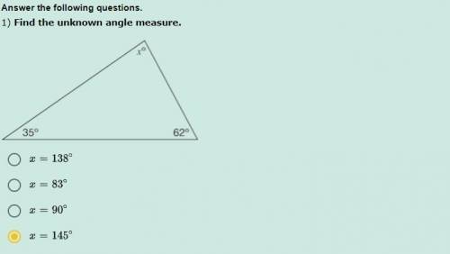 Answer the following questions.

1) Find the unknown angle measure. you can look at the picture