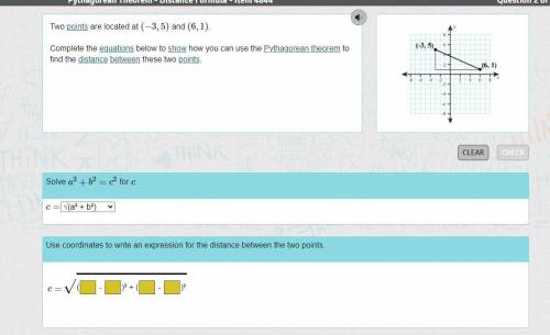 Two points are located at (−3,5) and (6,1).

Complete the equations below to show how you can use