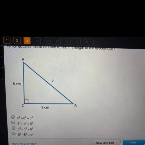 Which equation could be used to find the length of the hypotenuse?