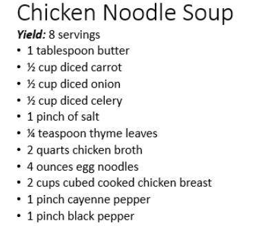A recipe for chicken noodle soup is shown.

If you are making 16 servings, what is the ratio of di