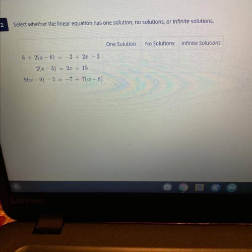 Select whether the linear equation has one solution, no solutions, or infinite solutions.