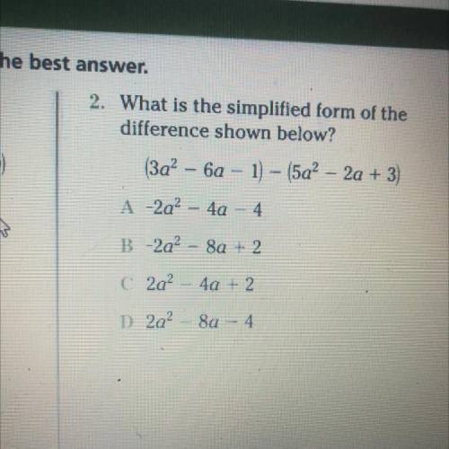 What is the simplified form of the difference shown below? (3a^2-6a-1)-(5a^2-2a+3)