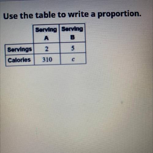 Use the table to write a proportion.

Serving Serving
A
Servings
Calories
310
c