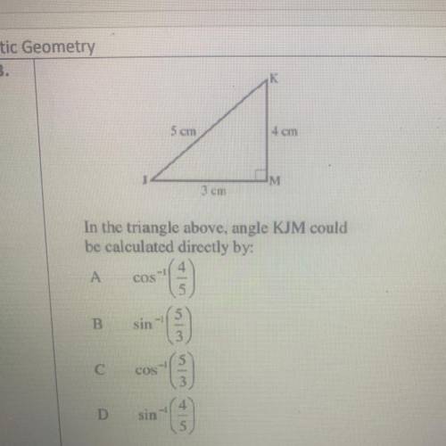 In the triangle above, angle KJM could be calculated directly by: