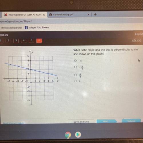 >

What is the slope of a line that is perpendicular to the
line shown on the graph?
5
4
0 -4
3