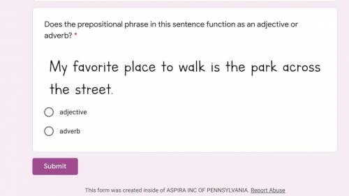 Phrases & Clauses:

Does the prepositional phrase in this sentence function as an adjective or