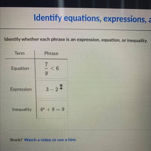 Identify whether each phrase is an expression, equation, or inequality.

Term
Phrase
Equation
<