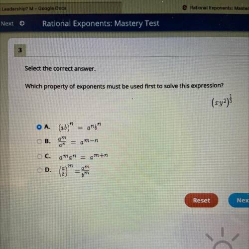 Select the correct answer.

Which property of exponents must be used first to solve this expressio