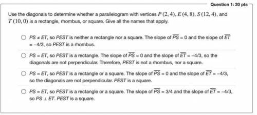 Please Help!!!

Use the diagonals to determine whether a parallelogram with vertices P(2,4), E(4,8