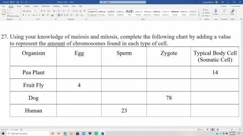 Using your knowledge of meiosis and mitosis, complete the following chart by adding a value to repr