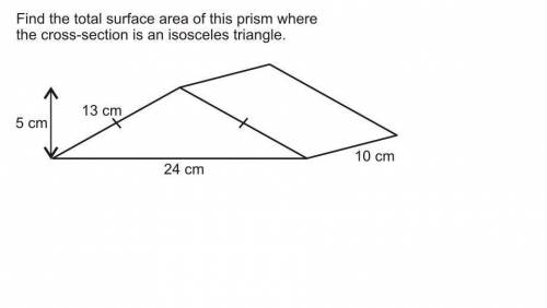 Find the total surface area of this prism where the cross-section is an isosceles triangle

please