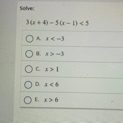 Solve: 3 (x + 4) - 5 (x - 1) <5