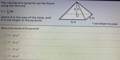 The volume of a pyramid can be found

using the formula
V = Bh
where B is the area of the base, an