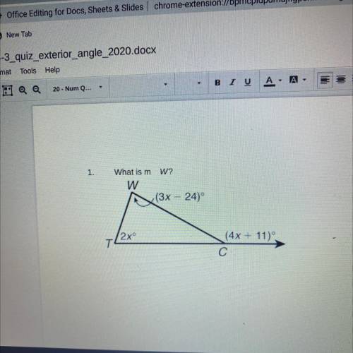 1.

What is m W?
W
(3x – 24)
12x°
T
(4x + 11)
с
can somebody please help