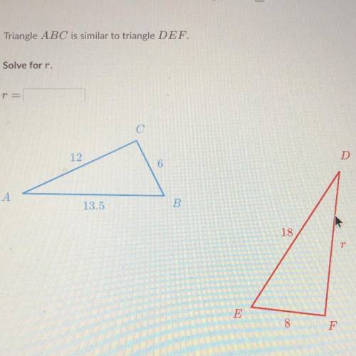 Triangle ABC is similar to triangle DEF. Solve for r.