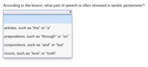 According to the lesson, what part of speech is often stressed in iambic pentameter?