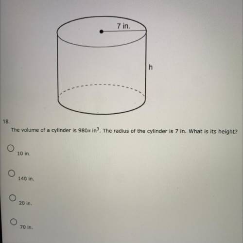 The volume of a cylinder is 980 pi in3. the radius of the cylinder is 7in. what is it's height