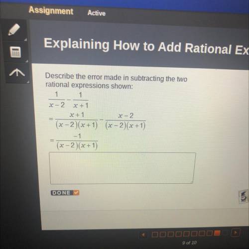Describe the error made in subtracting the two rational expressions shown:
