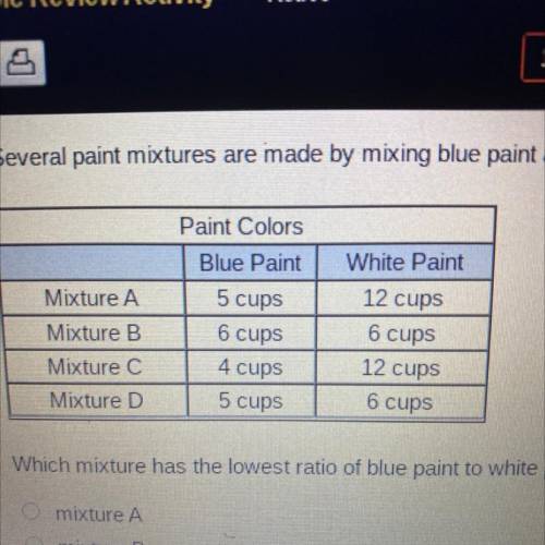 Several paint mixtures are made by mixing blue paint and white paint.

CE
White Paint
Mixture A
Mi