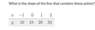 What is the slope of the line that contains these points x: -1,0,1,2 y: 10,18,26,34