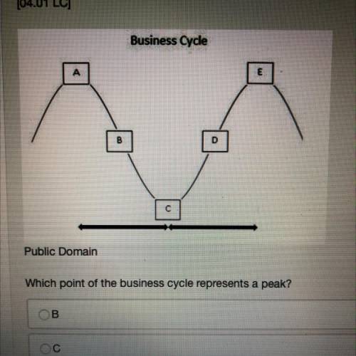 Business Cycle

A
B
D
С
Public Domain
Which point of the business cycle represents a peak?
00
E