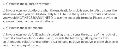 I need help with these questions about the quadratic formula and discriminants! urgent please help