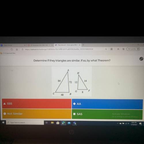 Determine if they triangles are similar. If so, by what Theorem?