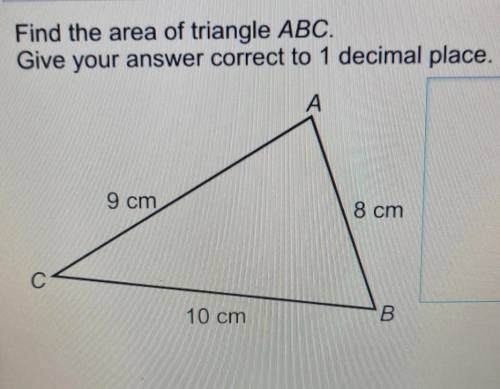 Find the area of triangle ABC.

Give your answer correct to 1 decimal place.A9 cm8 cm10 cmB