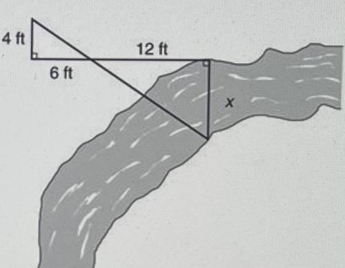 A section of a stream is shown in the drawing below. What is x, the distance across the stream, in