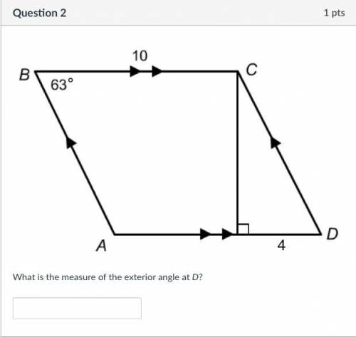 What is the measure of the exterior angle at D?