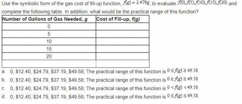 Use the symbolic form of the gas cost of fill-up function, f (g) = 2.479 g, to evaluate f (0), f (5