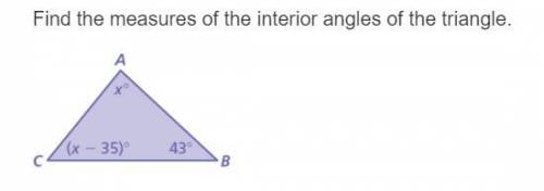 Help Please ! =( 
Find the measures of the interior angles of the triangle.