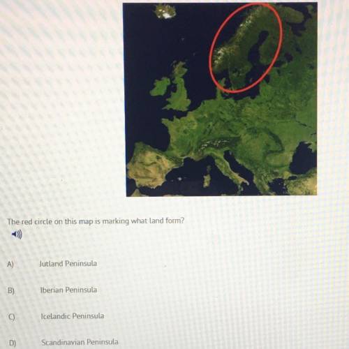 The red circle on the map is marking what land form?

A) Jutland Peninsula 
B) Iberian Peninsula