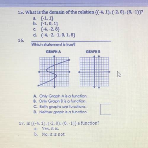 HELP ASAP 15 points

What is the domain of the relation {(-4,1),(-2,0), (8,-1)}?
a {-1,1)
b. {-1,